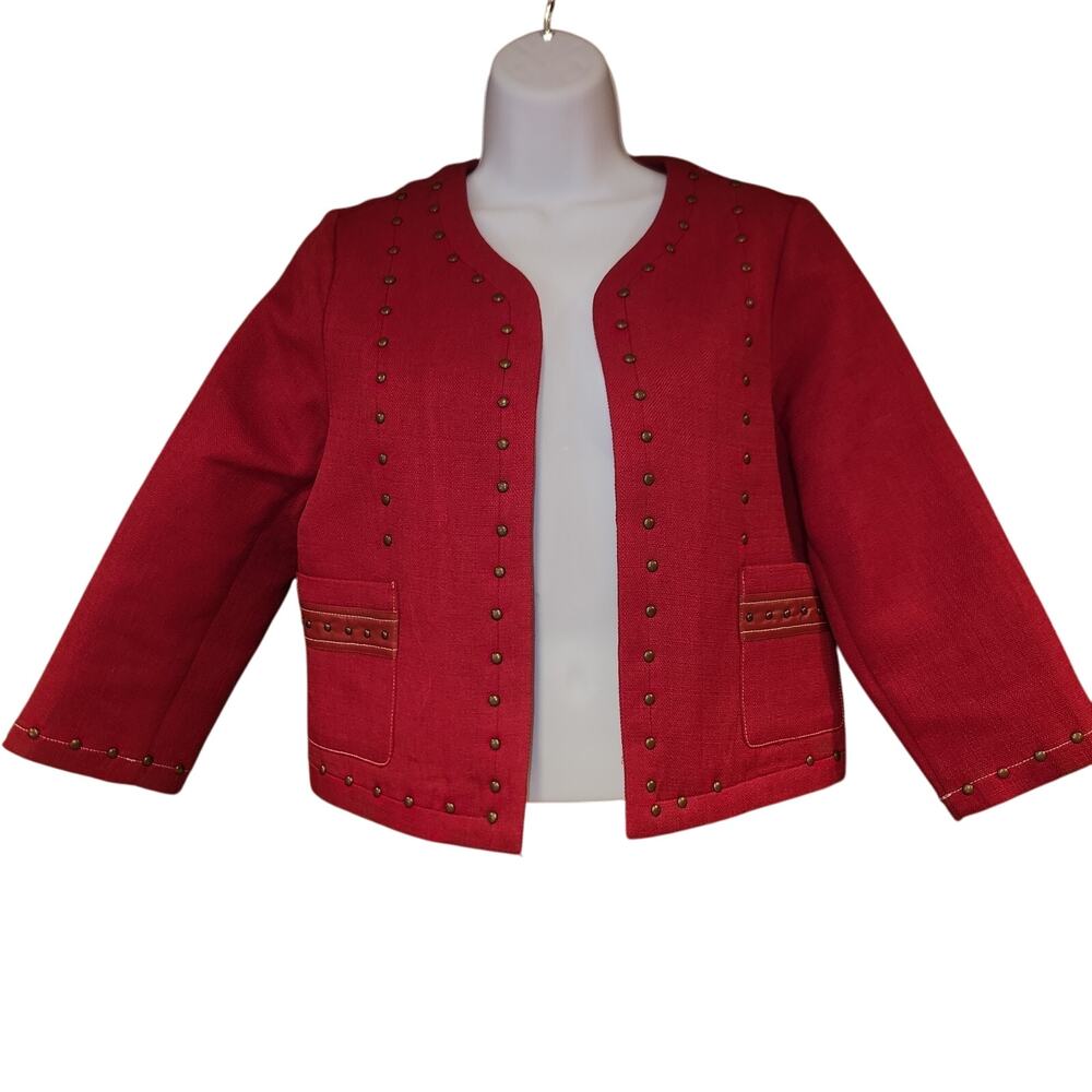 EUC Harlowe & Graham Red Open Front Studded Blazer Jacket Size Large